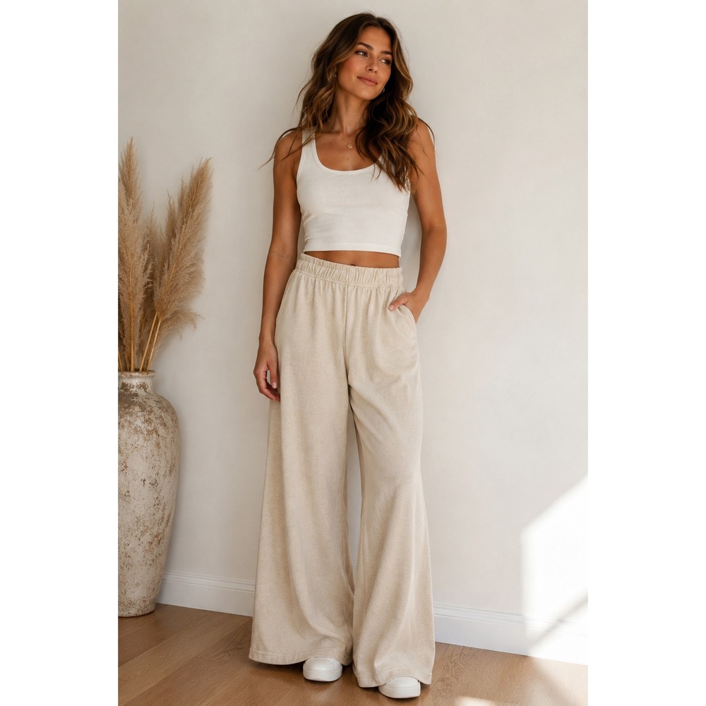 Talentless Bone Cream Velour Wide Leg Lounge Pants XL High Rise Elastic Waist